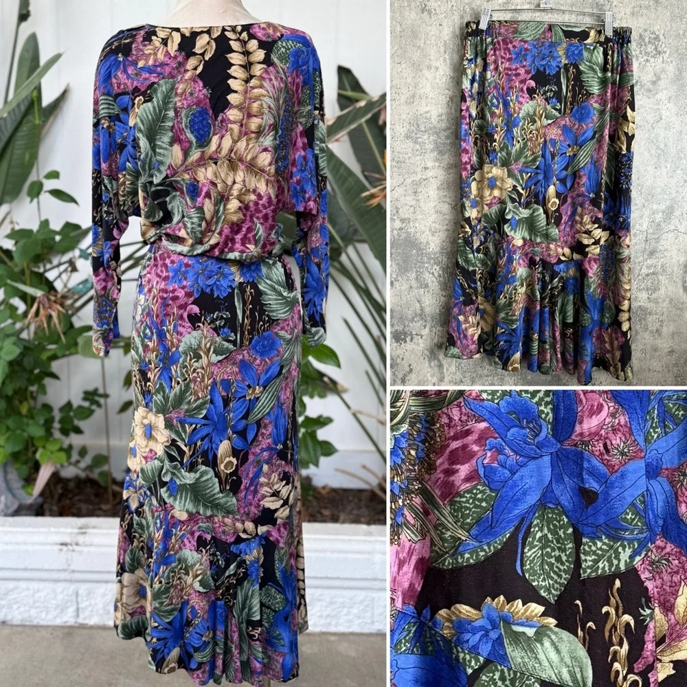 Unique SET Dress with Long Sleeves floral multicolor BLOUSE & SKIRT - Picture 3 of 15